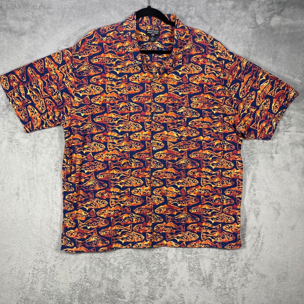 Vintage Polo Jeans Co Ralph Lauren Men's Fish Print Hawaiian Shirt Size XL